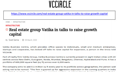 Real estate group Vatika in talks
to raise growth capital